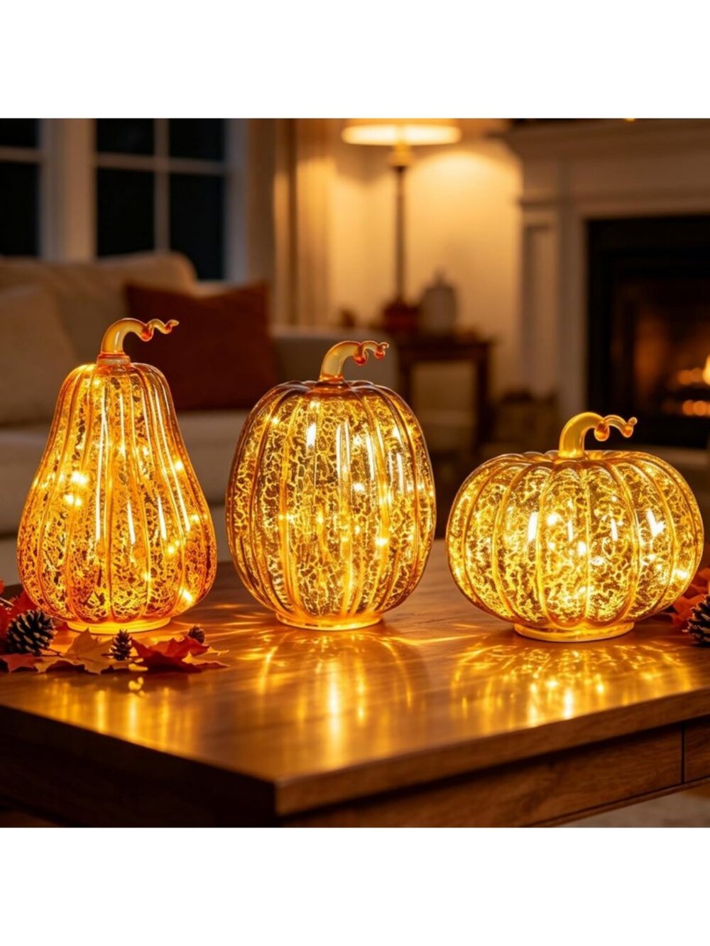 Lighted Mercury Glass Pumpkins Set of 3 | Halloween & Fall Decor, Gold Accents